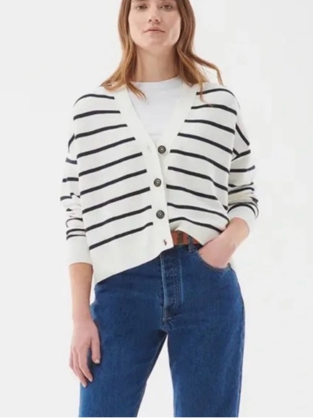 Barbour striped Mariner navy blue white button down cardigan sweater size 4